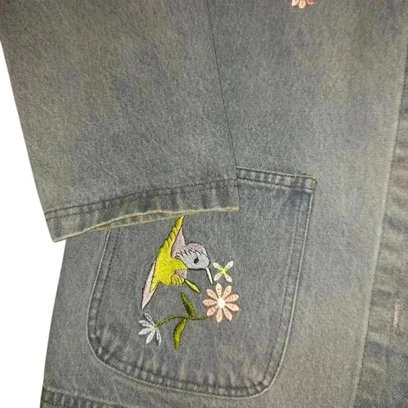 Vintage Hummingbird Denim The Blue Floral Embroidered Barn Chore Jacket - Picture 3 of 7